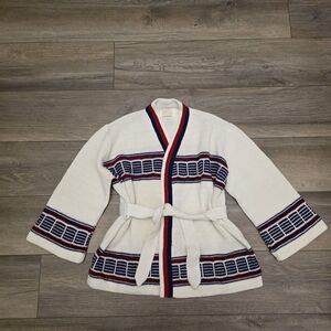 1970s White, Red, and Blue Cardigan Sweater 100% Acrylic Robe Style with Belt